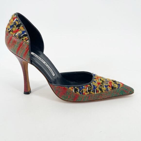 Manolo Blahnik Retro Multicolor Boucle Lizard Pointed Toe D'Orsay Pump IT 37 - Picture 2 of 11